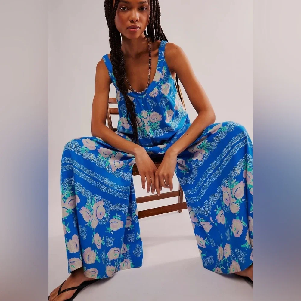 Free People Bali Lillie Scarf Print Jumpsuit in Sweet Blue Combo Size XS - Picture 11 of 14